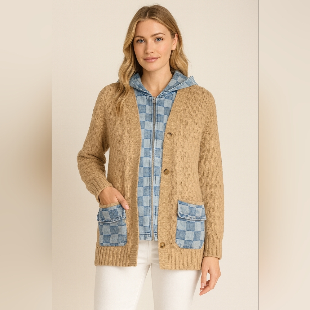 BiBi Knit Sweater with Denim Hood & Pockets  Size L Cozy Neutral Cardigan Size L